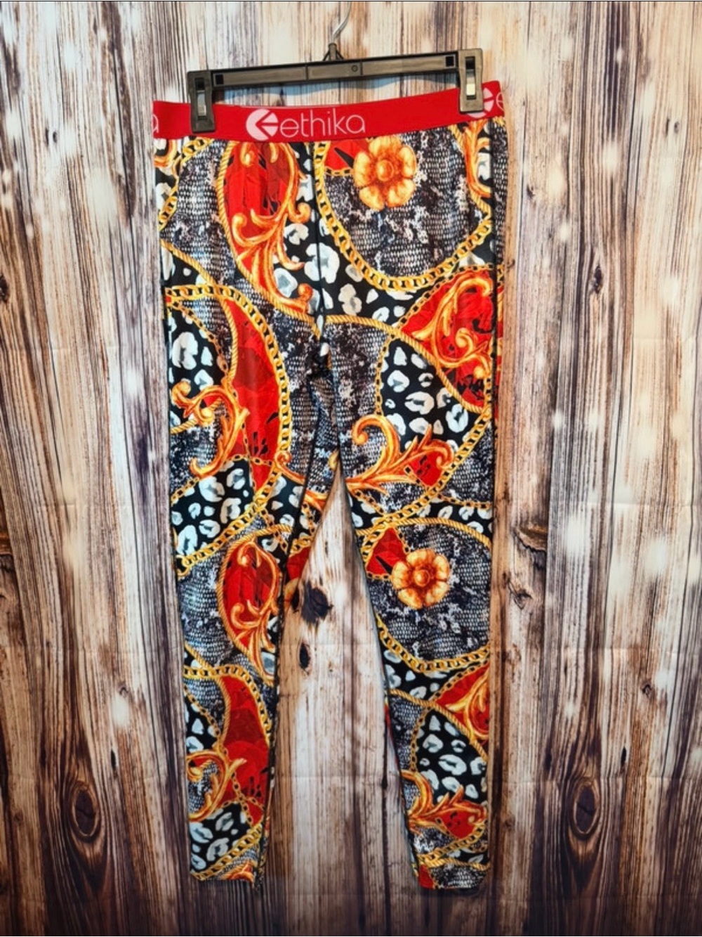 ethika Black, Red & Gold Chain-Print Leggings